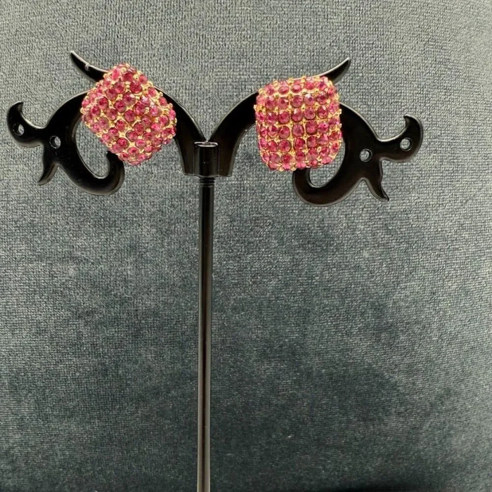 Vintage Fuchsia Metal And Stone Cube Earrings
